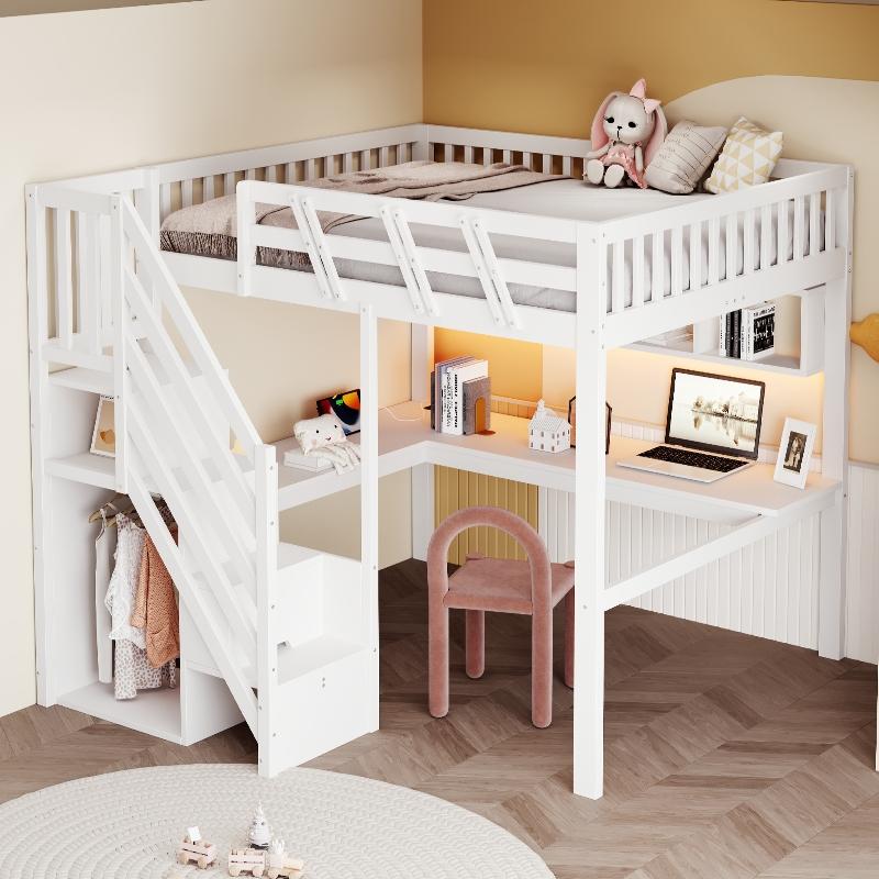 Hochbett 140x200cm aus Holz mit Schreibtisch, Aufbewahrungstreppe, LED und Steckdose, weiß, für Kinder- und Jugendzimmer