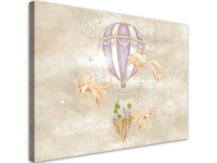 Feeby Wandbild Heißluftballon fliegendes Haus und Fisch 120x80cm, Beige, Märchen/ Fantasie, Rechteckig, 120x80 cm, Bilder & Rahmen, Bilder, Leinwandbilder