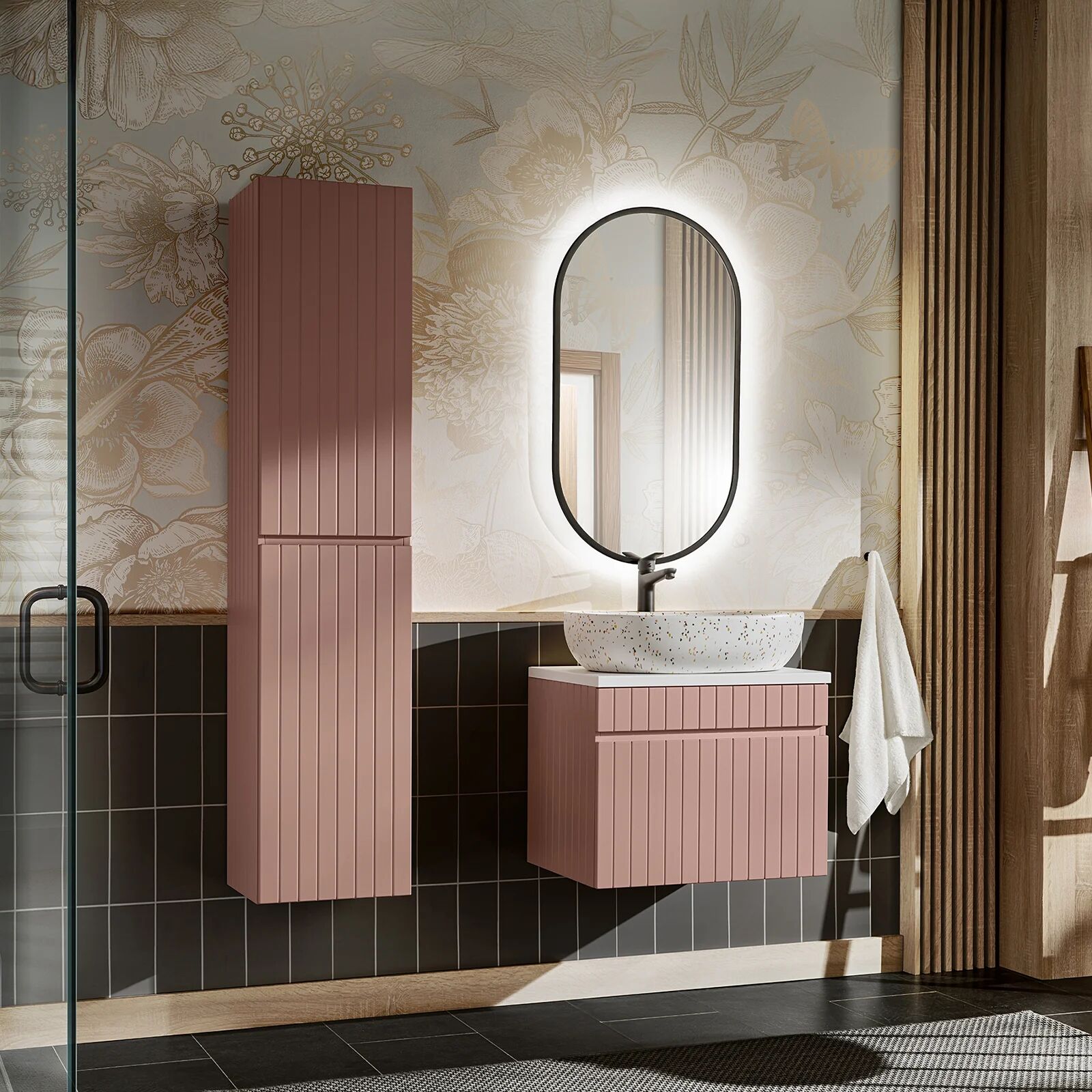 garneroarredamenti Mobile bagno sospeso 60cm cannettato con lavabo, colonna e specchio rosa Autentic