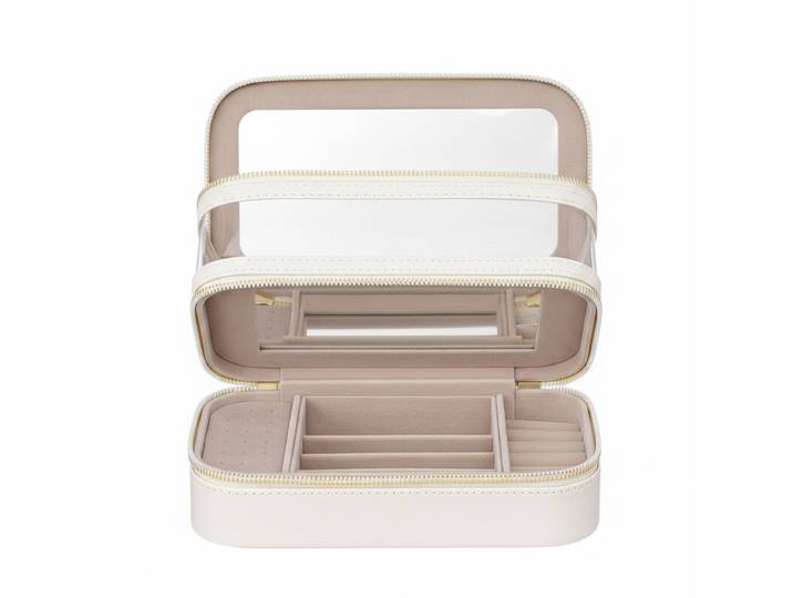 JOYFURNOS Organisateur de Cosmétiques avec Miroir, Mallette de Maquillage de Voyage, Rangement pour Bijoux, Trousse de Pinceaux Portable, Cadeau pour Femme, Blanc