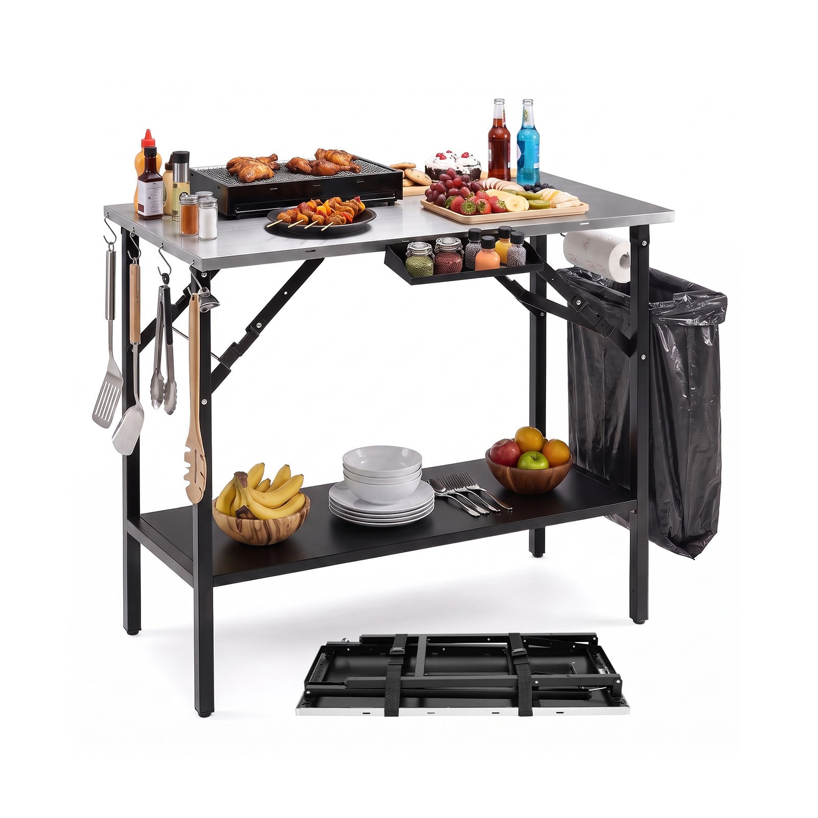 Costway Opvouwbare Campingtafel met Roestvrijstalen Werkblad en Kruidenrek