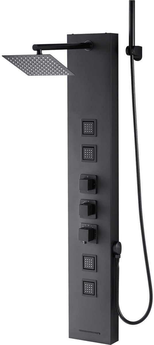 4-in-1 Douchepaneelsysteem van Geborsteld Roestvrij Staal met Regenwatervaldouchekop, Handdouche en 4 Massagejets, Hoogte: 124 cm
