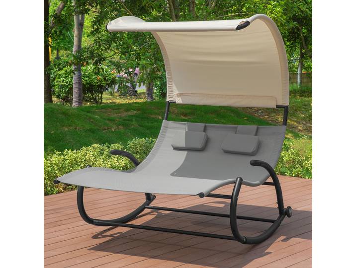 SoBuy OGS50-HG Double Chaise Longue avec Toit Pare-Soleil - 150kg Charge Max Roues de Transport, Dossier Ergonomique & Coussin Inclus Confort Optimal pour Jardin, Gris et Beige