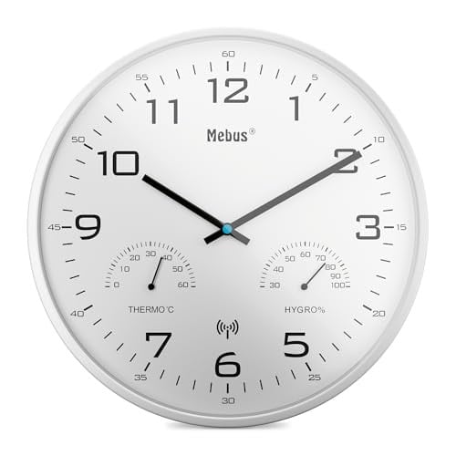 Mebus Wandklok Funk met temperatuur en luchtvochtigheid, Wit, Diameter: 30 cm