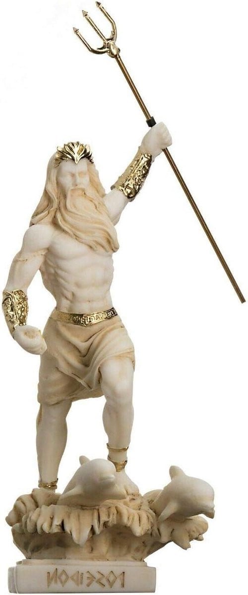 Poseidon Beeldje Zeegod Standbeeld Handgemaakt Albast Goud Hoogte: 165 cm