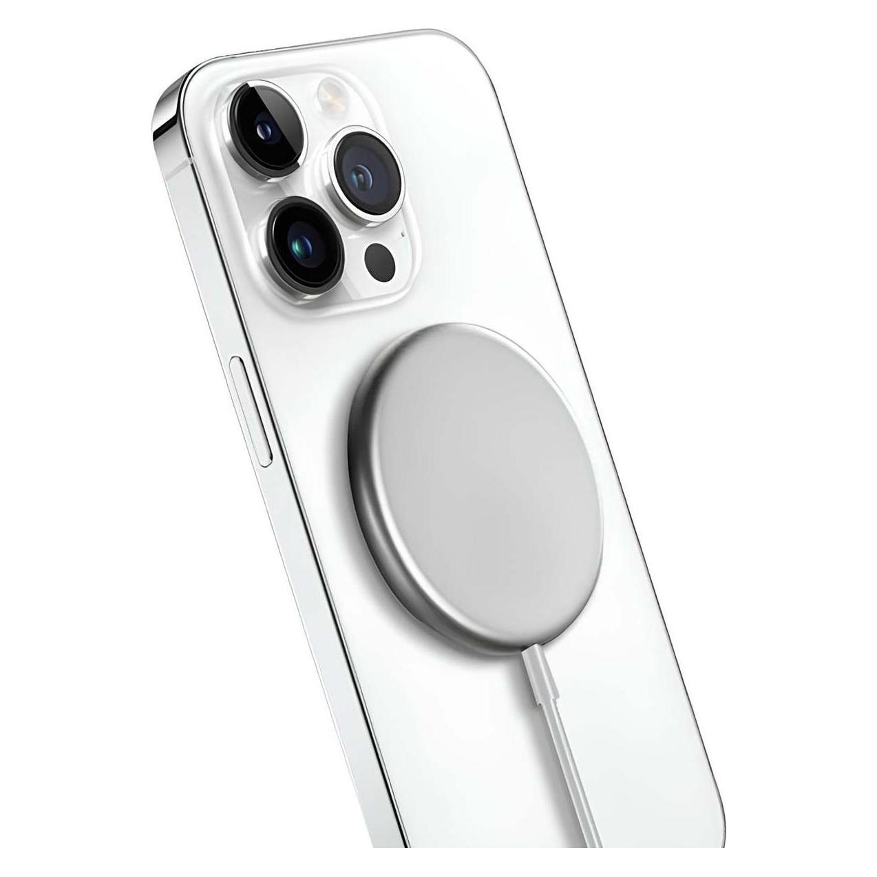 Crong MagSpot Wireless Charger - Aluminiowa ładowarka MagSafe 15W (Silver White) (15 W) (CRG-MS15W-SLV)