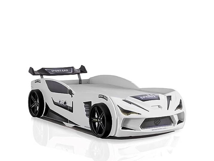 Aileenstore Autobett Kinder Kinderbett Rio 90x200 inkl. Lattenrost LED-Leuchte Spoiler (ohne Matratze, Weiß ohne Sportsitze)