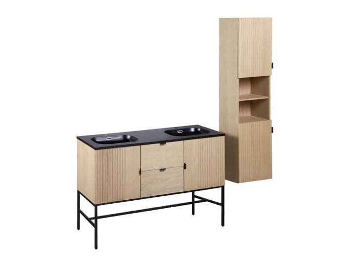 Meuble double vasque 140cm chêne STUDIO sur pieds + colonne