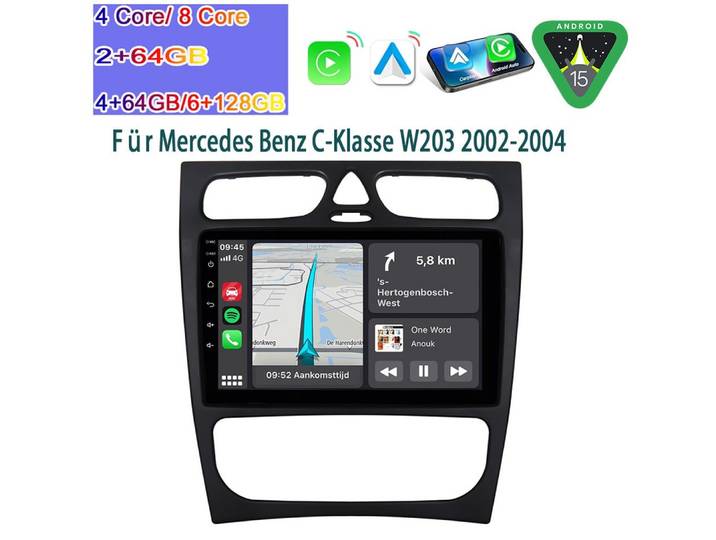 A-Sure Autoradio Android 15 Carplay Für Mercedes Benz C-Klasse W203 W209 Autoradio (Digitalradio (DAB), FM, AM)