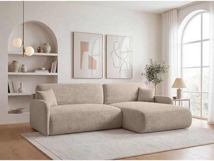 KP-Meble Ecksofa mit Schlaffunktion - 256x175 cm Bouclé Beige – Modernes L-Sofa, Schlafsofa mit Bettkasten, Große Couch mit Stauraum Pierr (Anthology 2, Rechts)