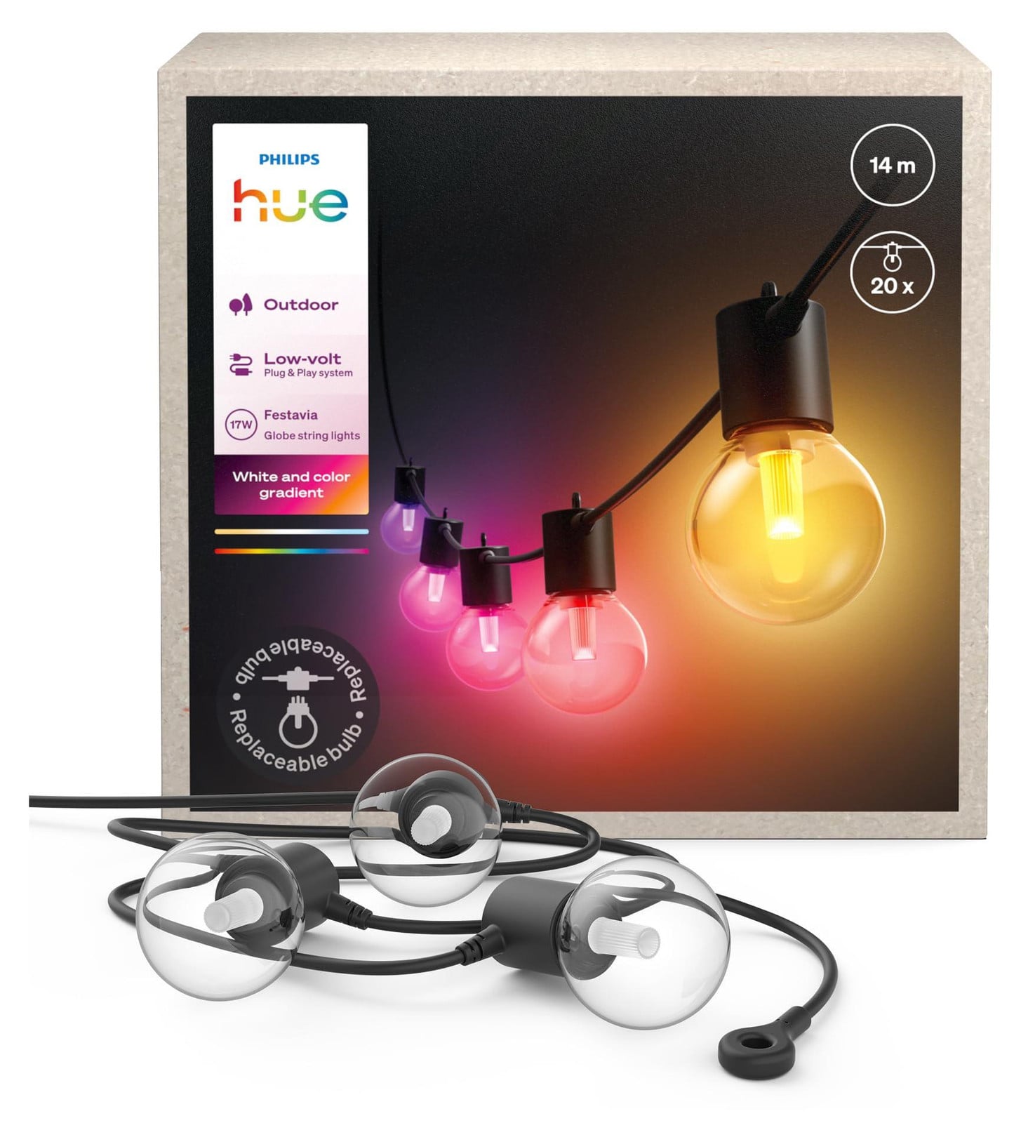Philips Hue Festavia Globe-lichtketting met 20 LED-lampjes, RGBW, Multicolour, Zwart, IP65
