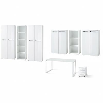Büro-Set 8-tlg Komplettbüro MUENCHEN Weiß | Schreibtisch, 6 Schränke, Container | Glasfront Soft-Close Abschließbar | Made in Germany | Kadima Design