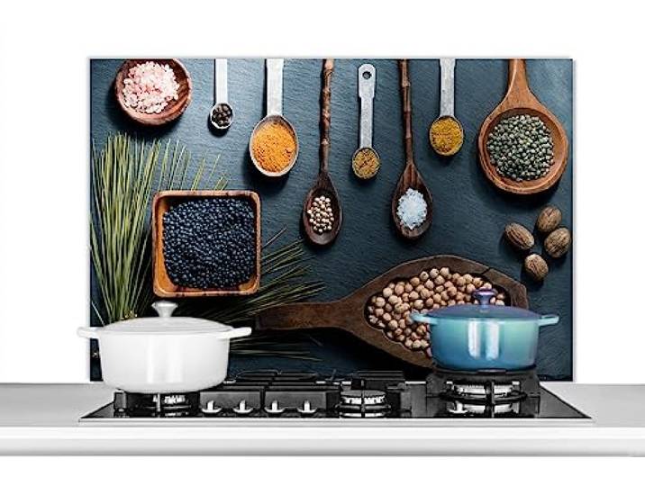 KitchenYeah© Spritzschutz Küchenrückwand Platte Küchen Zubehör Aluminium 100x65 cm - Platte Herd Spritzschutz WandverkleidungKräuter - Löffel - Gewürze