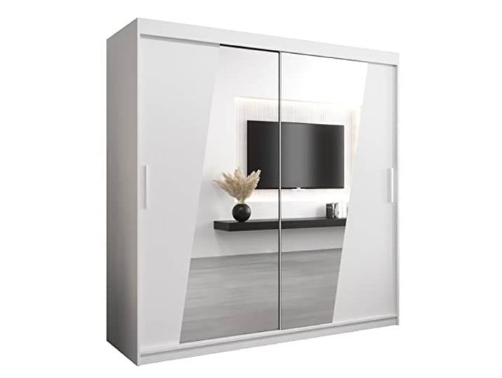 MEBLE KRYSPOL Rhomb200 Schlafzimmerschrank mit Zwei Schiebetüren, Spiegel, Kleiderstange und Regalen – 200x200x62cm - Mattweiß