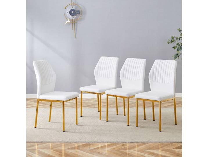 Lot de 4 chaises de salle à manger avec dossier à nervures métal PU blanc et or