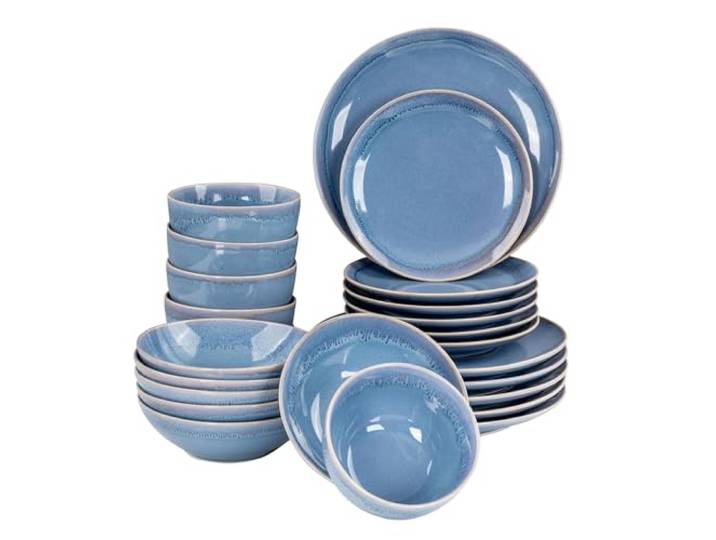 levandeo 24tlg. Geschirrset 6 Personen Steingut Blau Tafelservice Schüssel Teller Mikrowellenfest Spülmaschinenfest Kombiservice Modern Design
