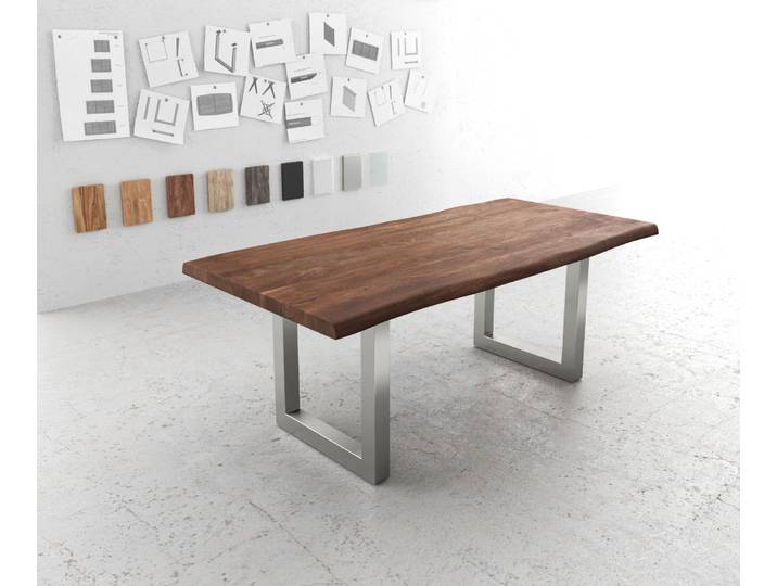 Esstisch Edge 200x100 XL Akazie Braun Edelstahl Breit Live-Edge, Esstische, Baumkantenmöbel, Massivholzmöbel, Massivholz