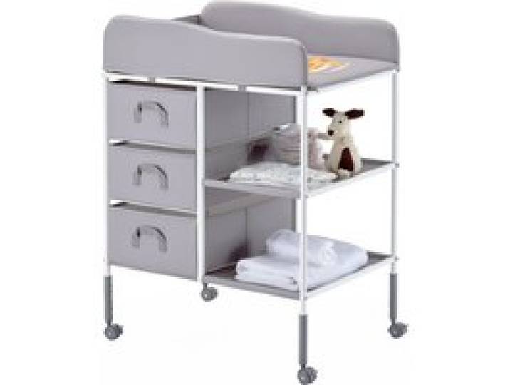 VEVOR Wickeltisch tragbare Wickelstation mit 3 Stoffschubladen & feststellbaren Rädern, höhenverstellbarer multifunktionaler Baby-Wickelkombi mit Aufbewahrungs-Organizer fürs Kinderzimmer Grau
