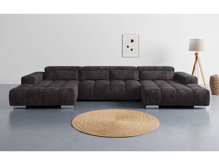 Wohnlandschaft COTTA Orion U-Form, B: 400 cm , schwarz, B:400cm T:186cm, 96% POLYESTER (PES) 4% POLYAMID (PA), Sofas, Wohnlandschaft, Kopfteilverstellung & 4 Kissen, optional elektr. Sitztiefenverstellung