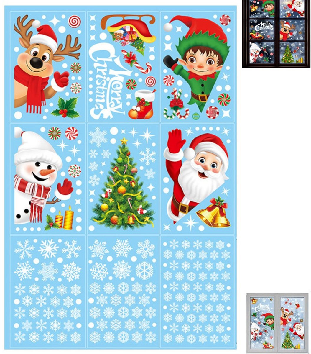 9 stuks Kerst raamfolie - Blauwe kerst raamstickers met Kerstman, sneeuwpop en boom - Dubbelzijdige herbruikbare kerststickers