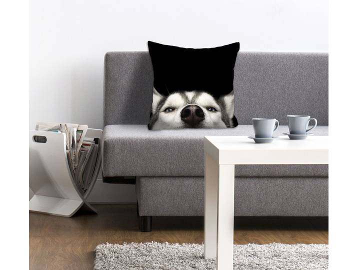 Dekokissen QUEENCE Husky , schwarz (schwarz, weiß, bedruckt), B:40cm L:40cm, Polyester, Dekokissen_Sitzkissen_Kissenhüllen, Dekokissen, mit einem neugierigen Husky