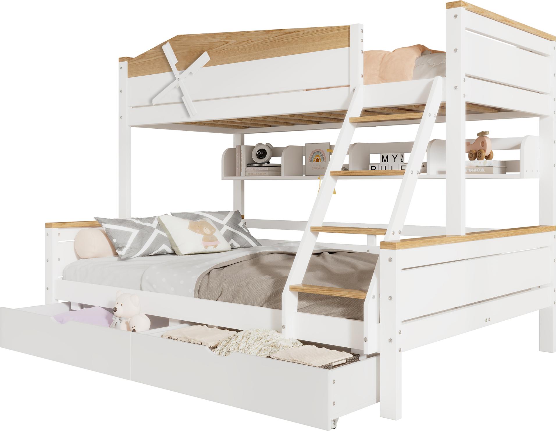 Etagenbett mit 2 Liegeflächen, Lattenrost, Regal, Rausfallschutz und Schubladen (90x200cm/140x200cm) Jugendbett, Kiefer