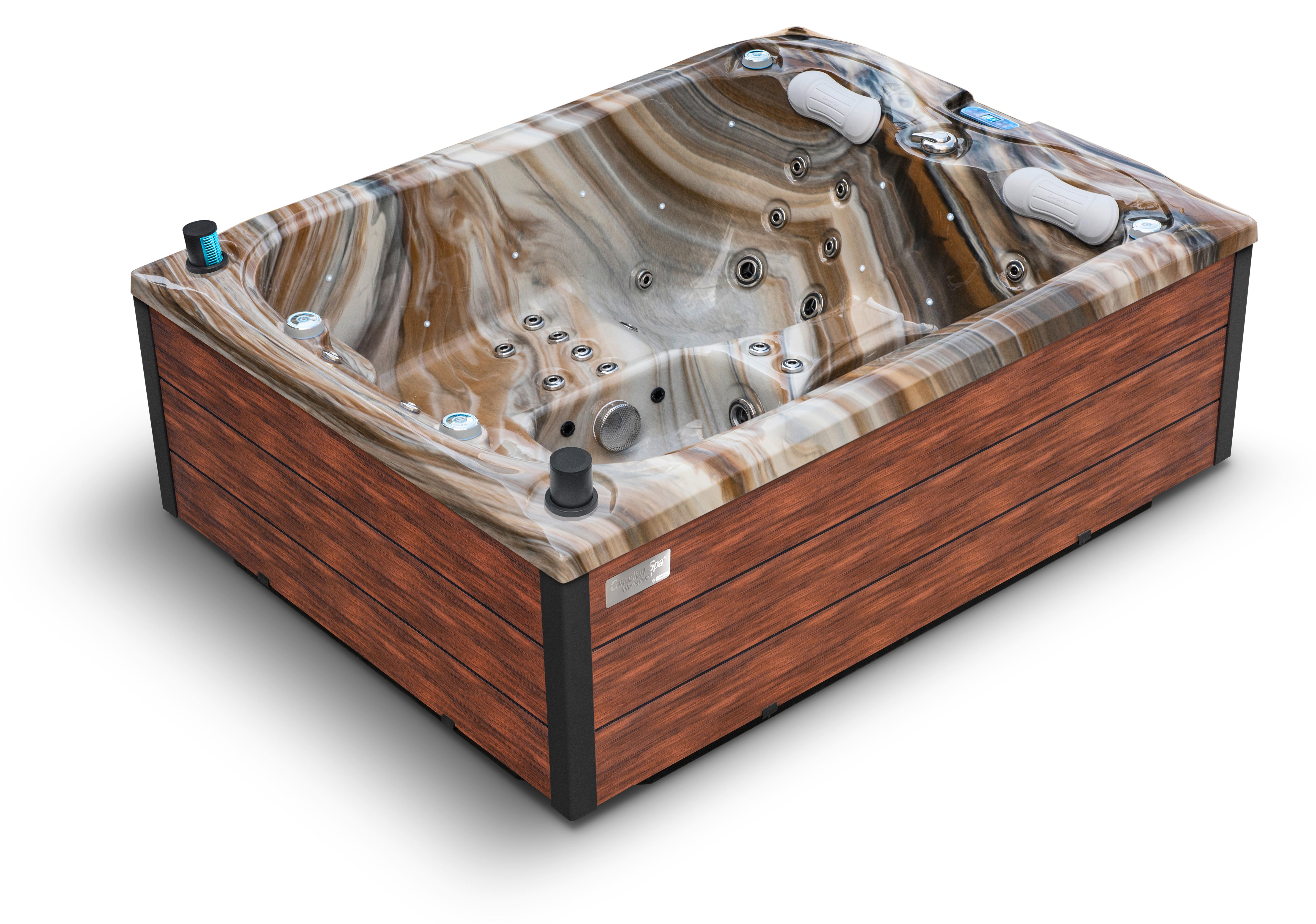 HAF Acryl Whirlpool Emerald "Tuscan Sun" | 216x165x78cm für 3 Personen | Winterabdeckung Braun | Outdoor Whirlpool mit LED & Massagefunktion