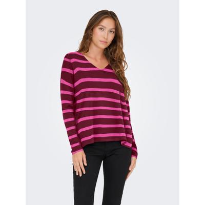 Strickpullover ONLY "ONLAMALIO LIFE LS V-NECK KNT", Damen, Gr. M, rosa (cabernet stripes:knockout pink), Strick, Obermaterial: 100% Polyester, gestreift, oversize, V-Ausschnitt, Pullover Strickpullover