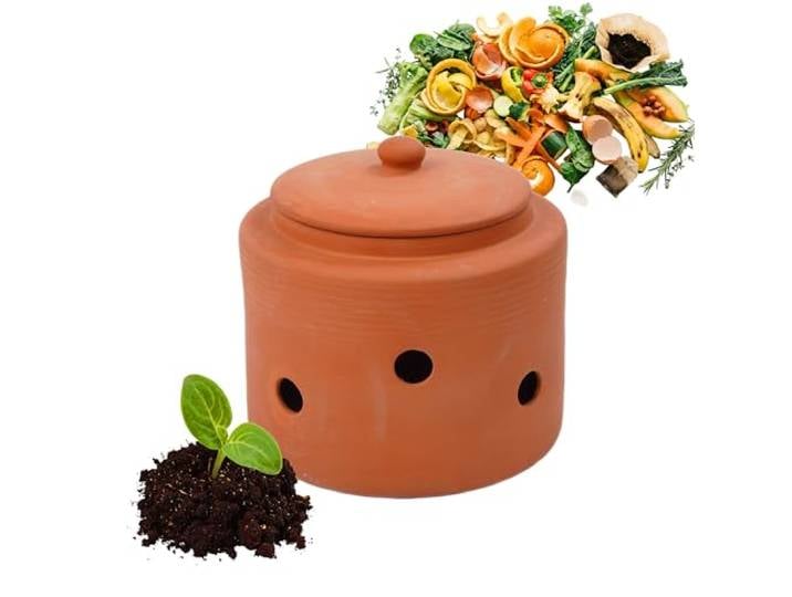 Vermicomposteur Relaxdays à enterrer\, 3 L\, déchets de Cuisine\, Couvercle\, composteur pour Jardin et Potager\, Terre Cuite