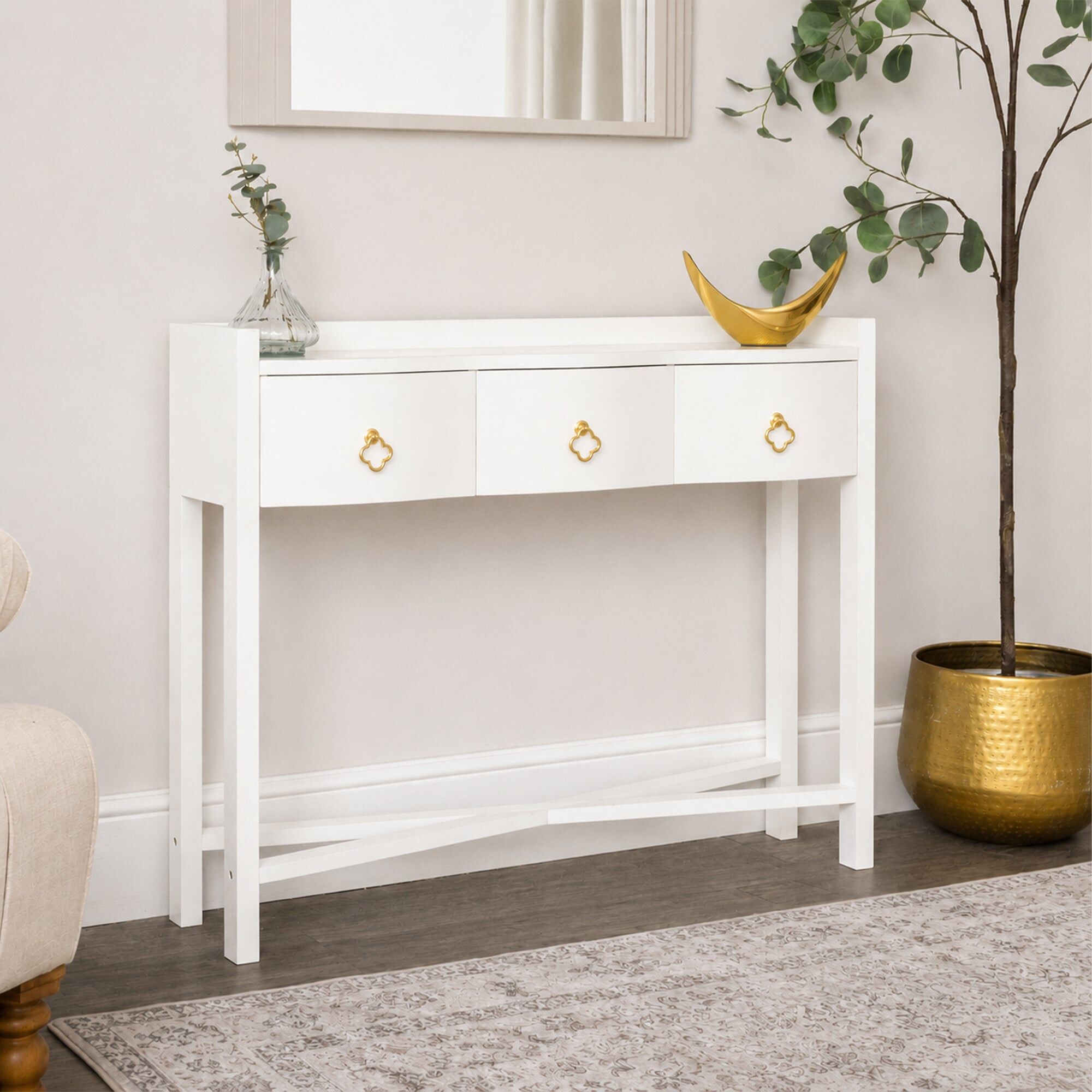 White Painted Curved 3 Drawer Console Table with Glass Top - Austin White Range Wood, Metal, Glass