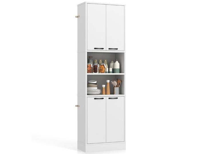 GOPLUS Buffet Haut de Cuisine 56x30x190CM avec 4 Portes 2 Compartiments Ouverts-Kits Anti-basculement-Armoire Autoportante-Blanc