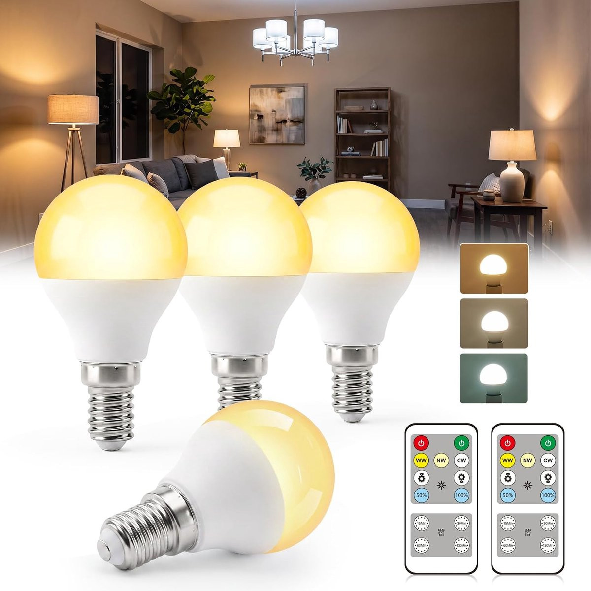 4-Pack LED-lampen E14 G45 met afstandsbediening en 3 kleurtemperaturen