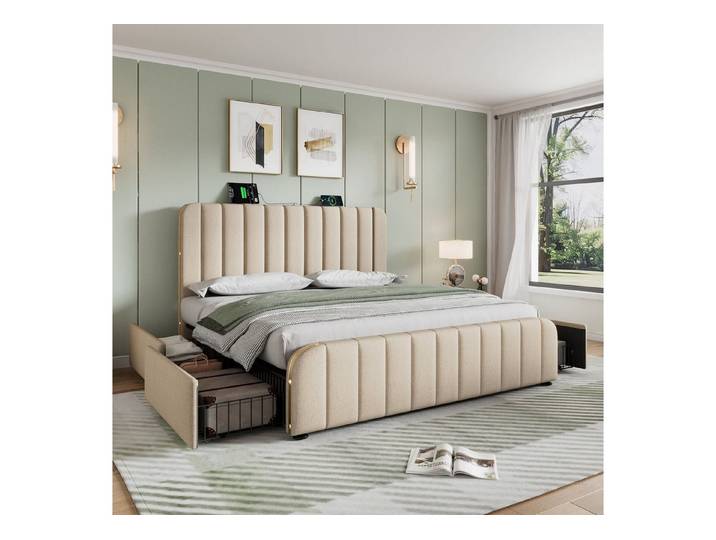 Ulife Polsterbett Polsterbett mit USB-C-Ladung, 4 Schubladen & 200 kg Tragkraft