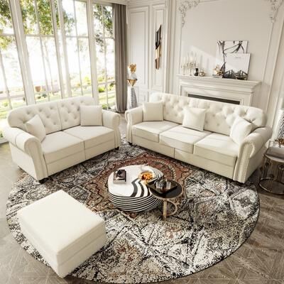 GDFStudio - Mid-Century Modern Chesterfield Sofa Set with Ottoman & Tufted Nailhead Design