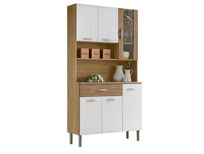 Buffet 6 Portes 1 Tiroir 7 Niches Chêne et Blanc Ecru L 90 H 173.5 P 36.3 cm - L 90 x l 36.3 x H 173.5 cm