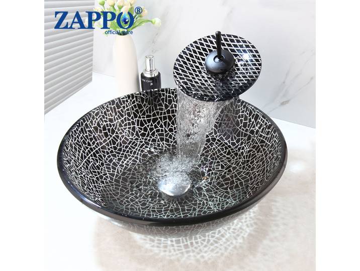 ZAPPO salle de bains en verre trempé lavabo navire évier robinet Combo comptoir bassin évier noir Art rond bassin bol avec mélangeur