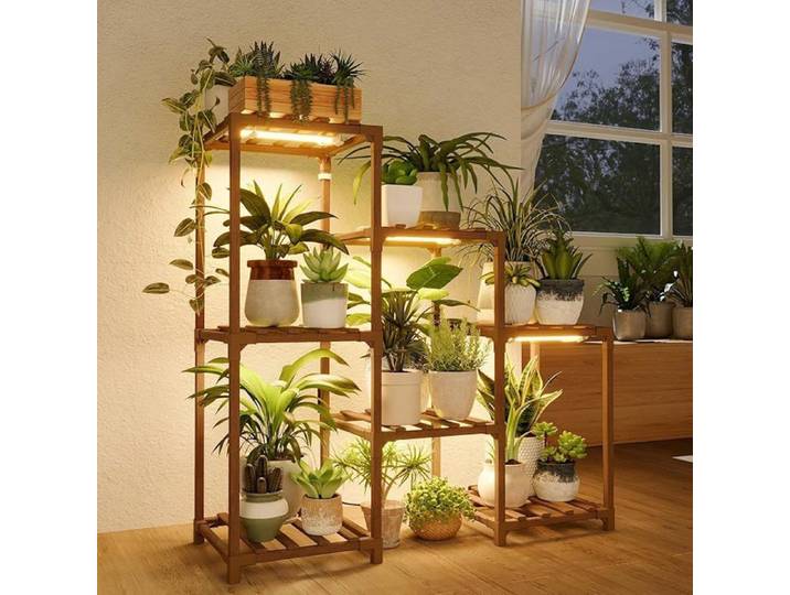Support plantes intérieur Bamworld avec lampe LED porte plante intérieur 6 niveaux en bois échelle 7 pots bruns avec b JARDINIERE