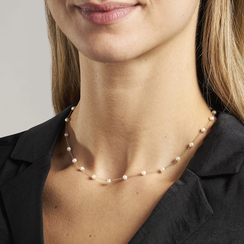Collier Cleor En Or 375/1000 Jaune Et Perle Culture Blanche Femme