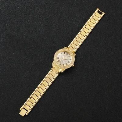 Uplift Essentials Luxury Roman Numeral Full Diamond Watch Gift Set Elegant Alloy Quartz Timepiece And Matching Jewelry For Business And gold