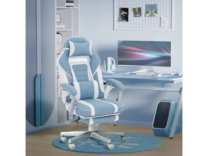 HOMCOM Chaise Gaming Ergonomique Bleu Repose-pieds Hauteur Réglable