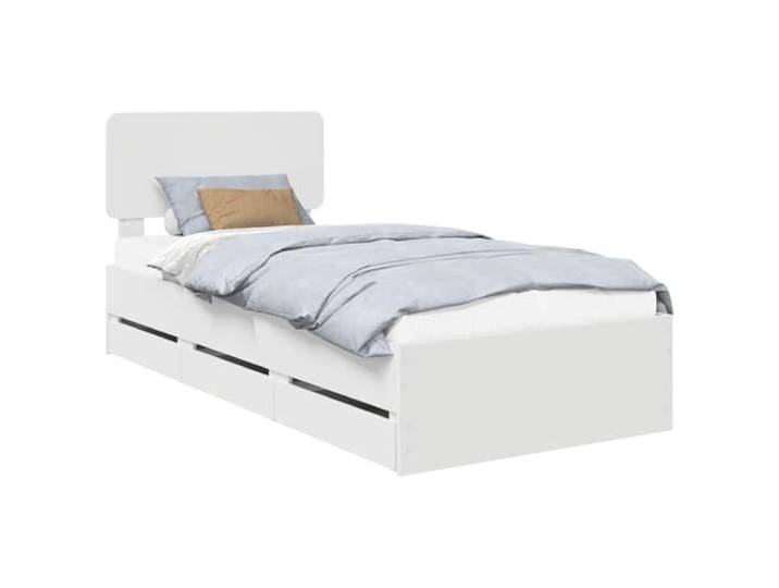 HMDNGOUT Weißer Bettrahmen mit Schubladen 90x200 cm aus Holzwerkstoff, stabiles Bettgestell mit verstellbarem Kopfteil und integrierten Schubladen für Stauraum, platzsparendes Design