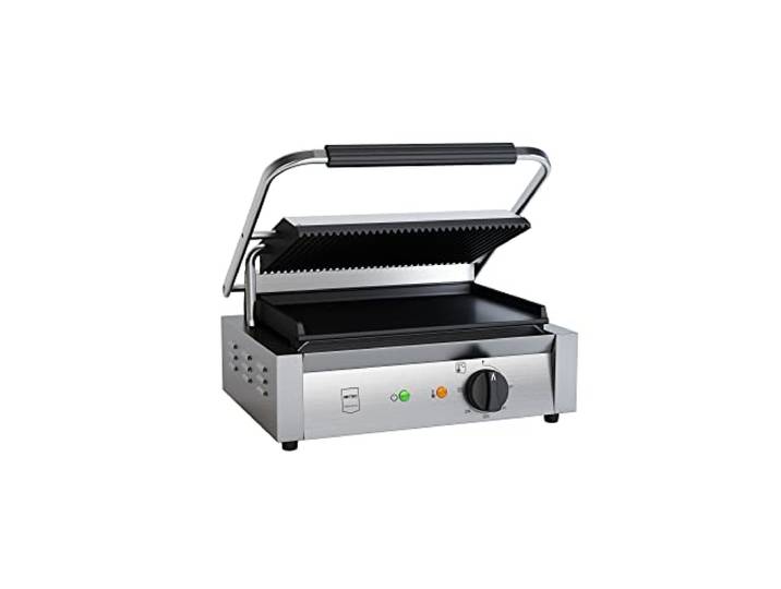 METRO Professional Kontaktgrill Single GPG1202, Edelstahl, 3000W, 43 x 36 x 20 cm, Temperaturbereich: 50-300 °C, 45 Paninis in 60 Minuten, mit Fettabscheidung, Grill, silber