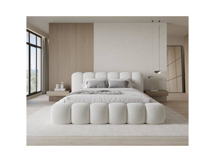 Chilly. Design Lit Stone 180 x 200 - Lit Coffre Rembourré - 2 Personnes - Revêtement Élégant Tissu Bouclé Blanc