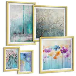 BILDER SET 5er Set - 50x50 cm & 20x30 cm & 40x60 cm Goldrahmen - Leuchtturm, Landschaft, Mädchen, Pferd