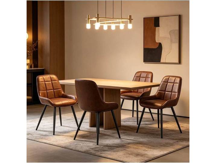 Lot de 4 Chaises de Salle a Manger - TCQPZ - Assise Rembourree Dossier Courbe et Patins Reglables - Metal - Marron