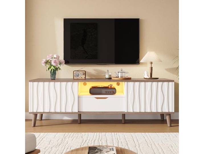QQJIN TV Schrank mit LED, 160cm TV Lowboard Stehend mit Schiebetüren & 3D-Streifen, Weiß Fernsehschrank für 70 Zoll, MDF+Massivholz, Kabelmanagement,160cm c