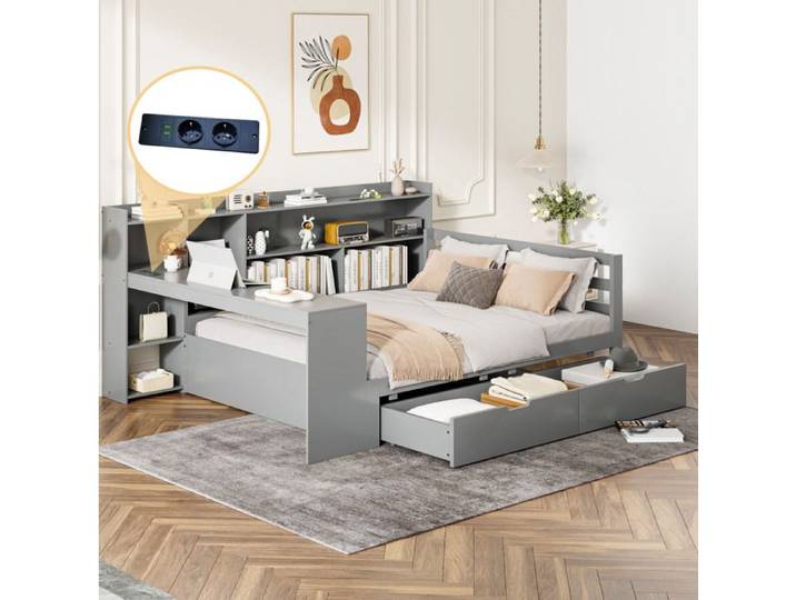 WUVRIE Lit combiné 140 x 200 cm en bois gris avec bureau bibliothèque étagères 2 tiroirs prise et USB