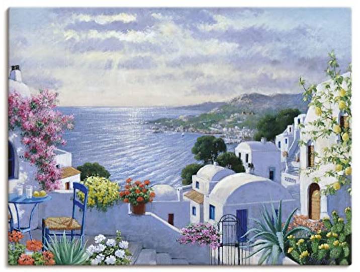 ARTLAND Wanddeko Leinwand Bilder Wandbild 80 x 60 cm Landschaften Gewässer Malerei Bunt Funkelndes Griechenland B0RC