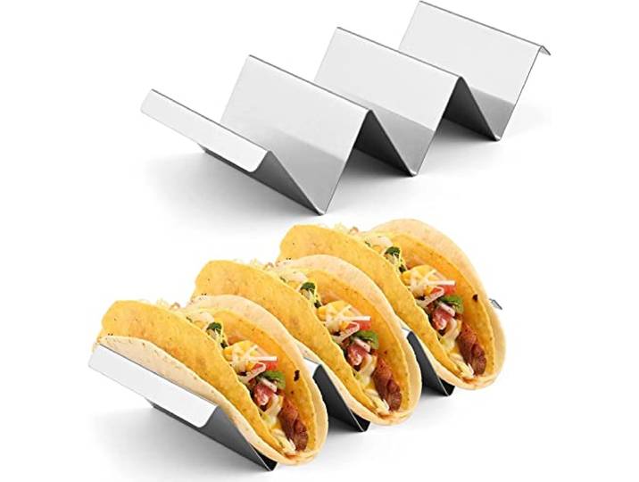PIQIUQIU Taco houder, 2 stuks Taco standaard van 304 roestvrij staal met handgrepen, vaatwasmachinebestendig, tortilla-houder voor taco's sandwiches worsthouders