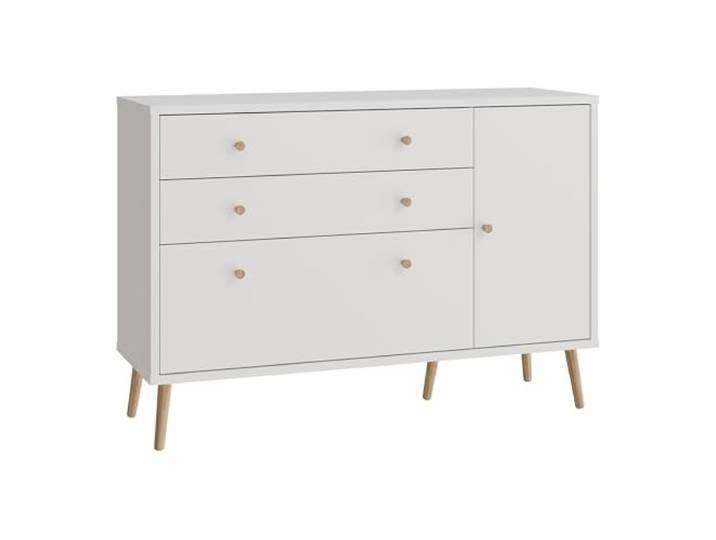 Forte HARLLSON Sideboard 90, Mid-Century-Modern Stil, leichte Montage Dank EasyKlix by Forte, 3 Schubladen, 1 Tür, hohe Füße, Holzwerkstoff, Weiß, 124,5 cm breit x 86,5 cm hoch x 41,5 cm tief